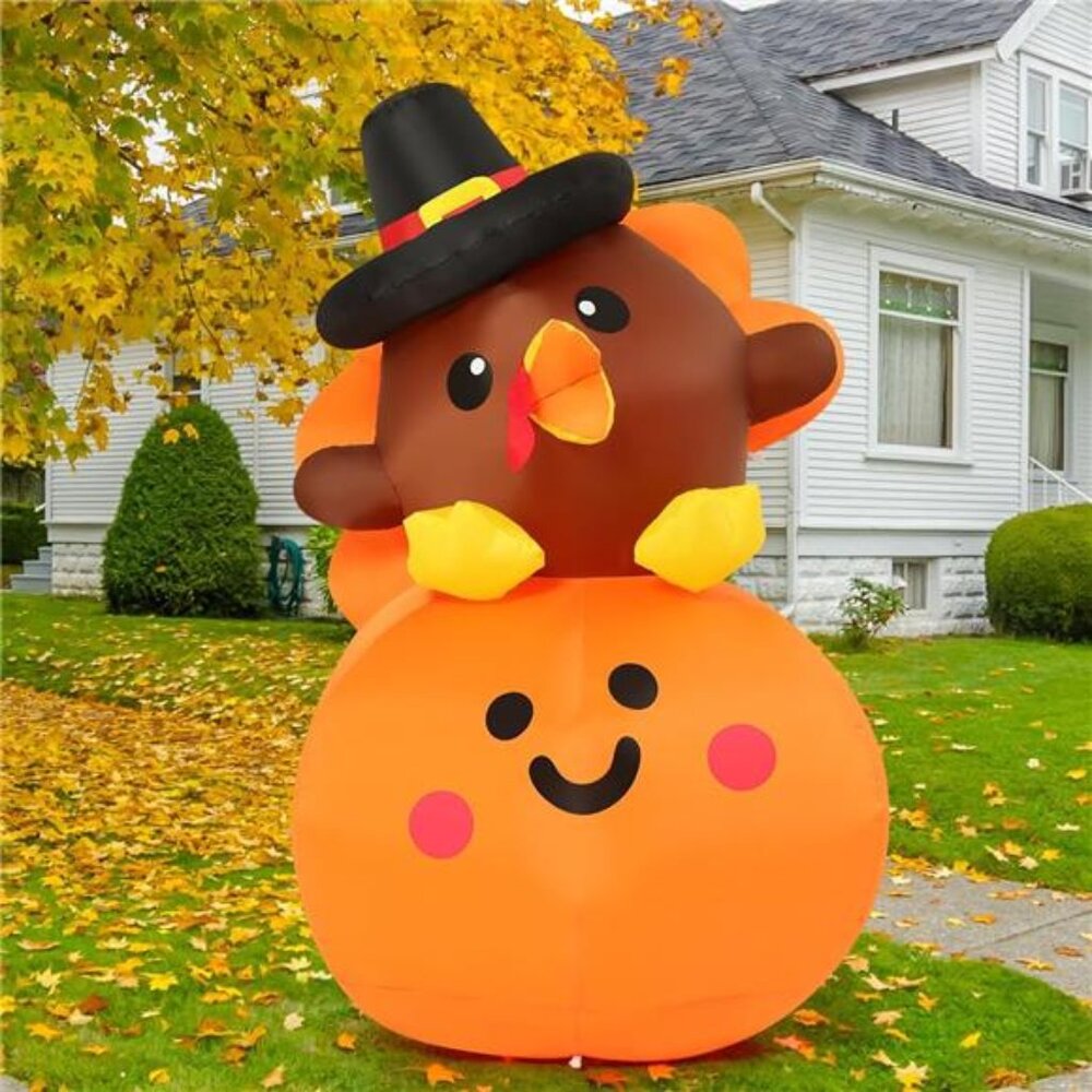 5FT Tall Thanksgiving Inflatables Turkey Baby on Pumpkin with Built-in